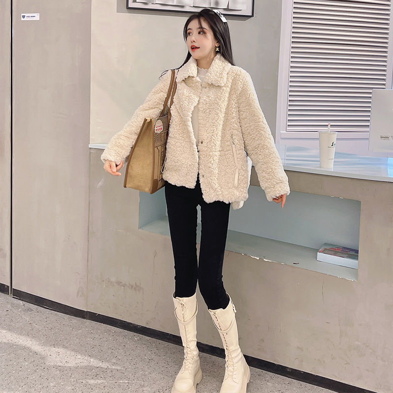 羊羔绒外套女2022冬装新款韩版宽松时尚皮毛一体加厚羊羔毛短外套