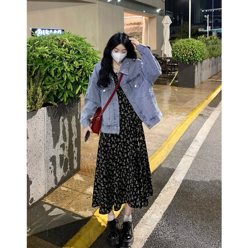 春秋季港味一整套穿搭復古時尚牛仔外套配碎花連衣裙單/兩件套裝
