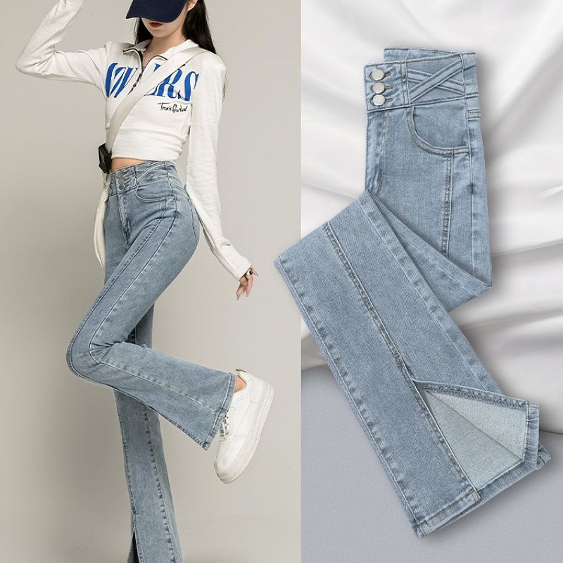 Wide-leg jeans for women in autumn 2023 new style high-waisted and slimming for small people slit slightly flared pants for women in autumn and winter