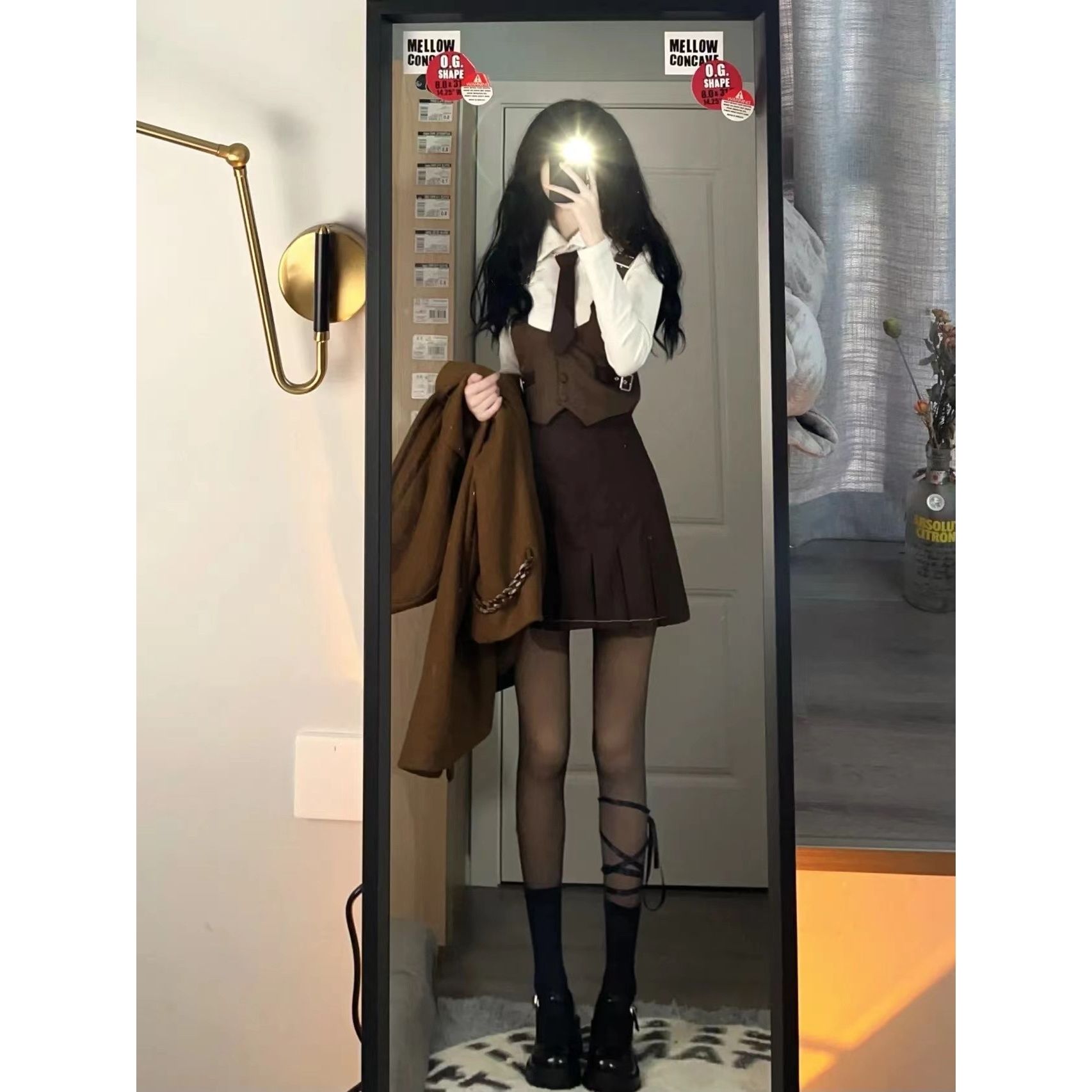 純欲辣妹學院風套裝女春秋季穿搭設計感襯衣+半身裙馬甲單/三件套