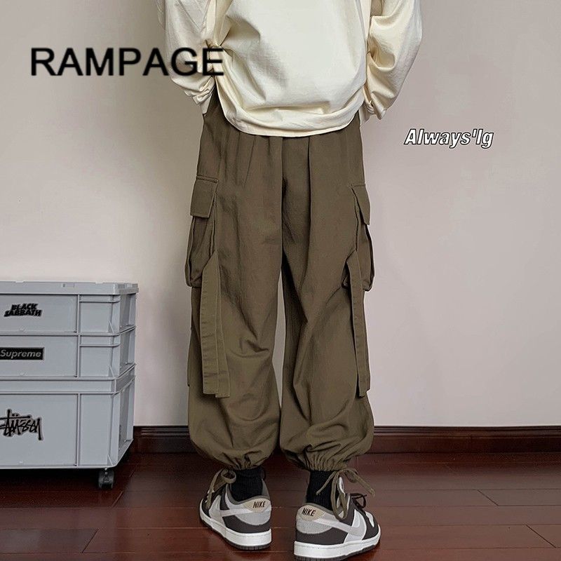 RAMPAGE美式工装裤男秋季宽松大码抽绳束脚裤潮牌高街直筒长裤子