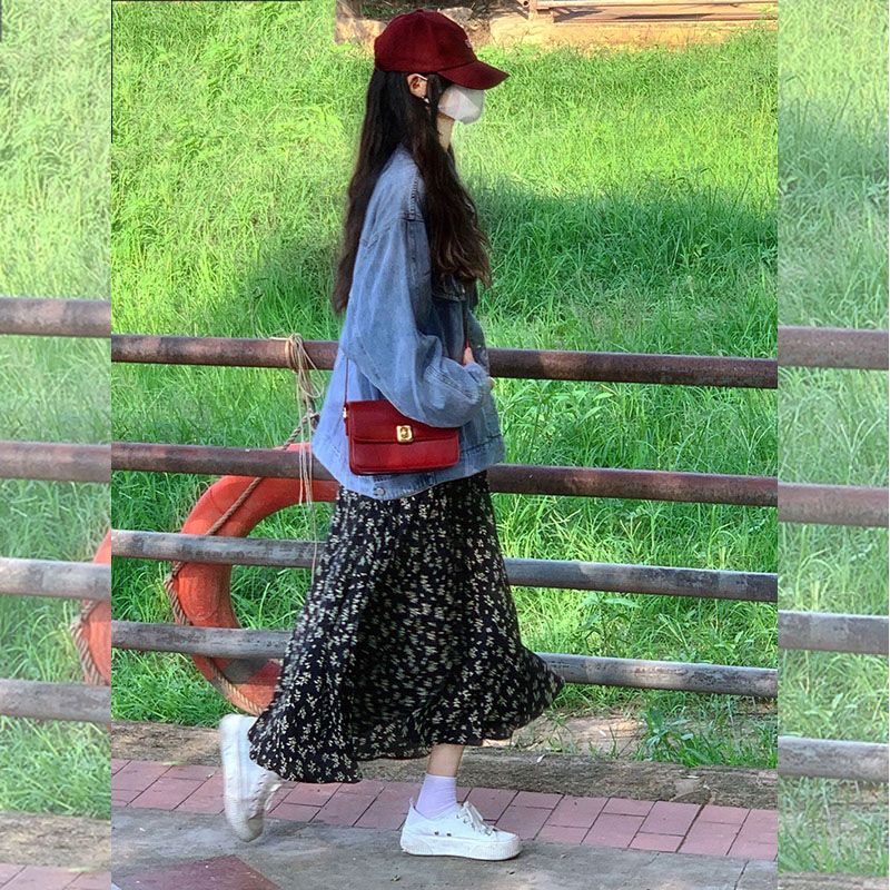 早春秋季奶系學院風整套穿搭牛仔外套配碎花連衣裙子單/兩件套裝