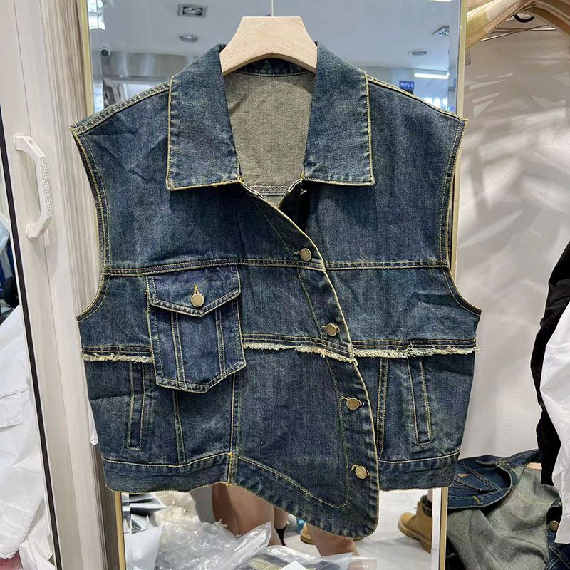 European Irregular Denim Vest Jacket Women's Autumn  New Loose Design Diagonal Buckle Vest Jacket