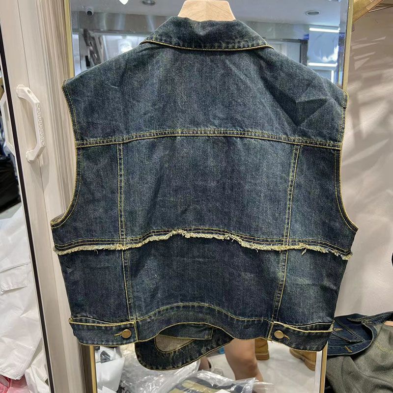 European Irregular Denim Vest Jacket Women's Autumn  New Loose Design Diagonal Buckle Vest Jacket