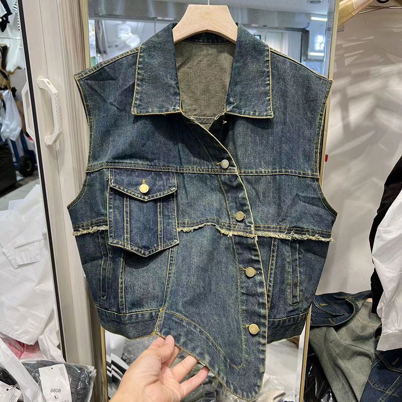 European Irregular Denim Vest Jacket Women's Autumn  New Loose Design Diagonal Buckle Vest Jacket