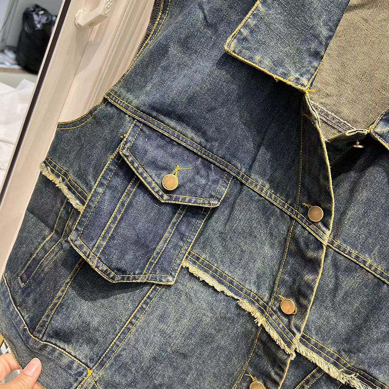 European Irregular Denim Vest Jacket Women's Autumn  New Loose Design Diagonal Buckle Vest Jacket