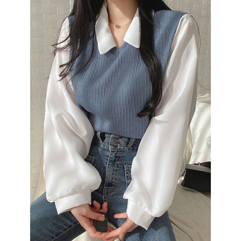 New autumn and winter plus velvet fake two-piece T-shirt women's splicing POLO collar long-sleeved sweater thread loose all-match top tide