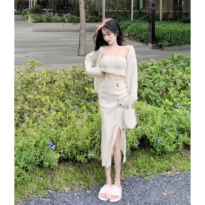 慵懶風針織毛衣外套女秋季軟糯寬鬆長袖開衫抹胸上衣開叉半身裙子