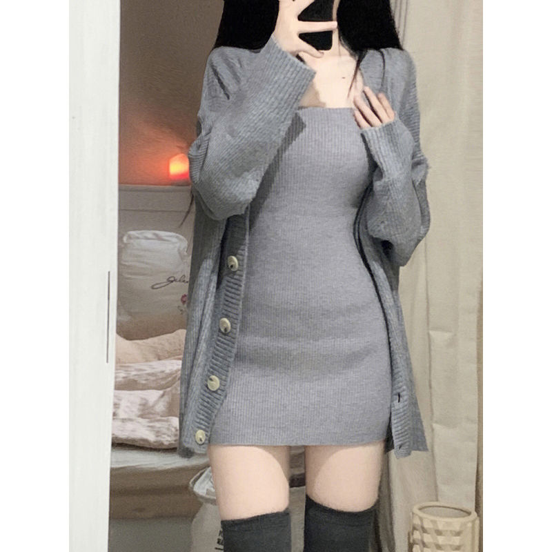 Two-piece suit 2022 autumn and winter new pure desire style knitted sweater cardigan jacket + strap dress women's fashion