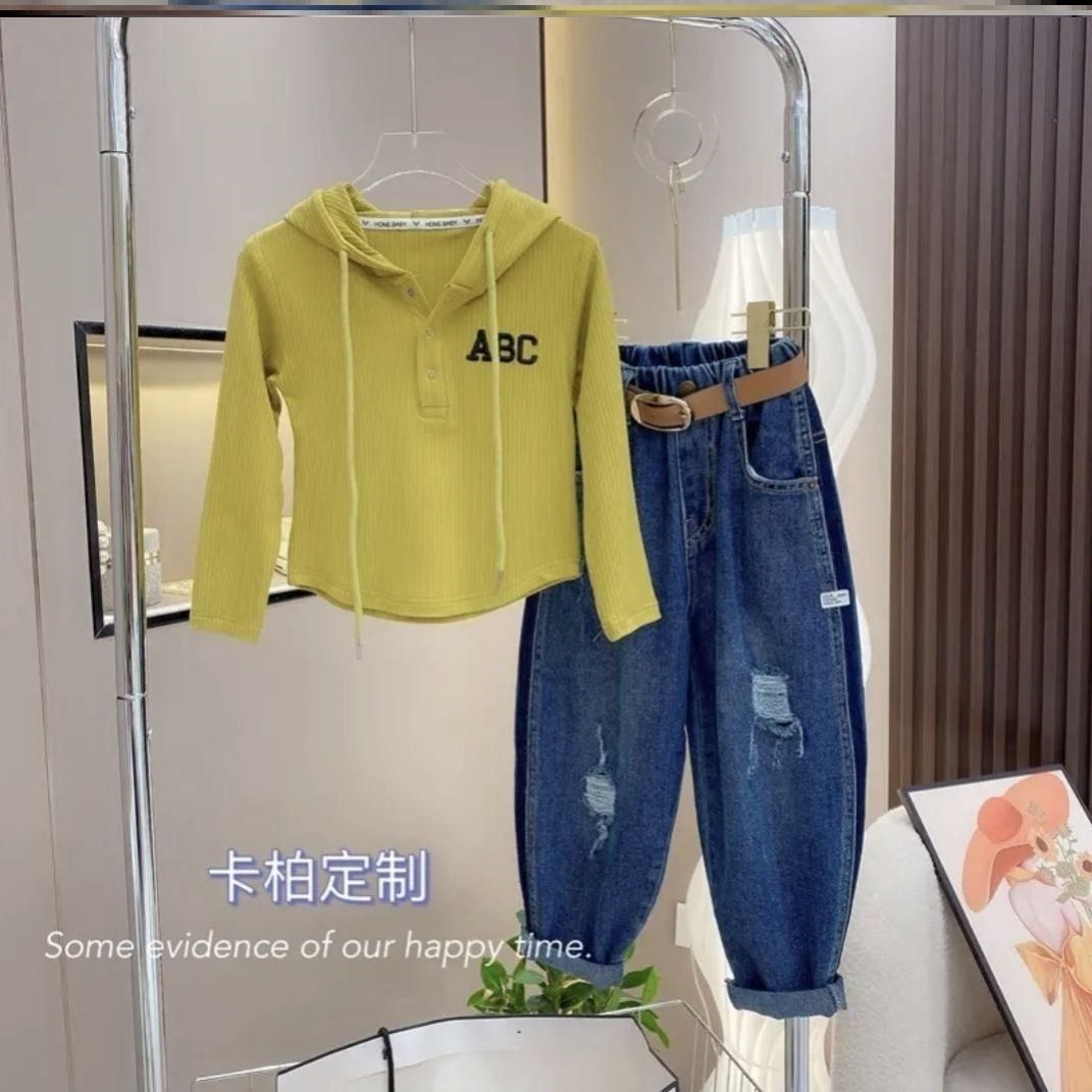 女童褲子韓版新款女寶寶時髦上衣闊腿牛仔褲女孩休閒長褲兩件套潮