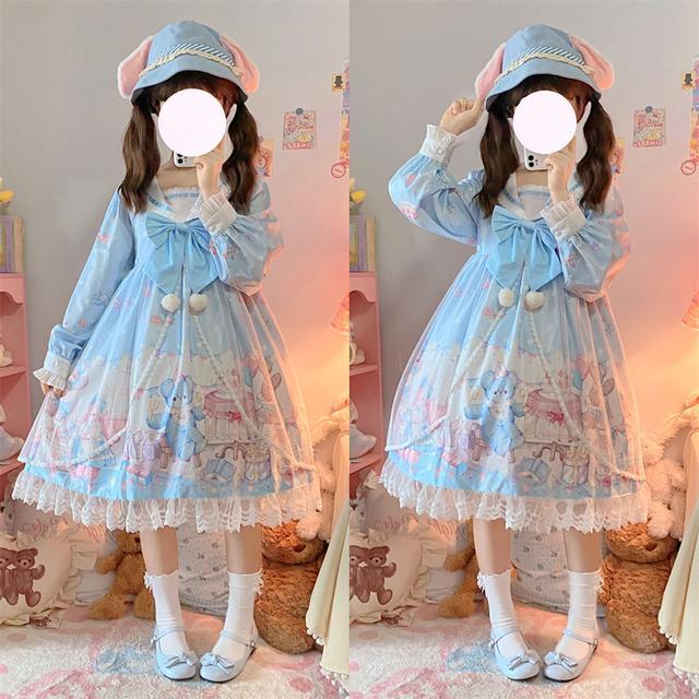 Korean mushroom cool {spot} original design Lolita raging party dress navy collar long-sleeved OP dress autumn