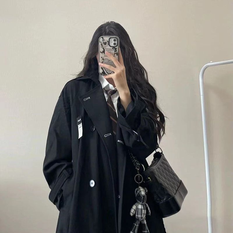 PROMONE high-end black trench coat women's mid-length  spring and autumn new small coat coat
