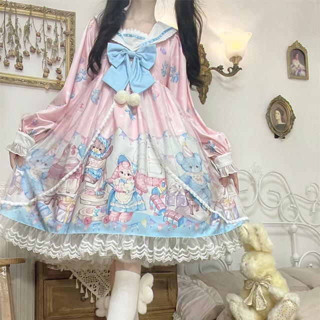 Korean mushroom cool {spot} original design Lolita raging party dress navy collar long-sleeved OP dress autumn