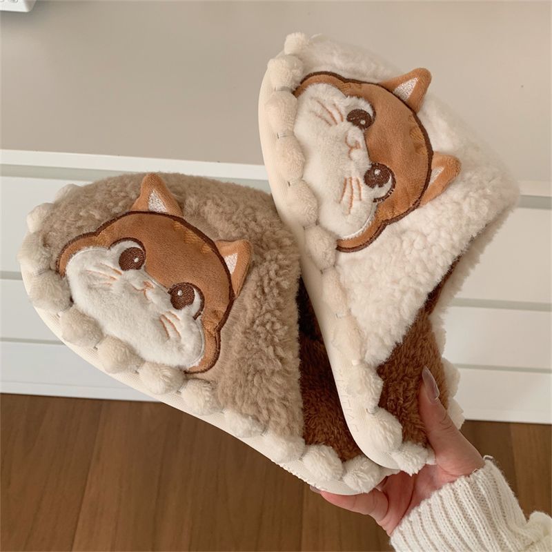 Thin strip women's winter girl's heart home non-slip confinement soft-soled shoes soft cute cute kitten plush cotton slippers