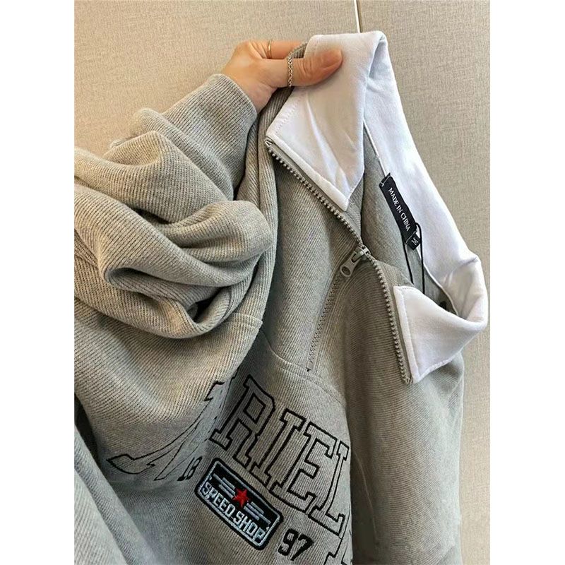 hiphop潮牌半拉鏈衛衣女春秋oversize寬鬆落肩設計感早秋上衣外套