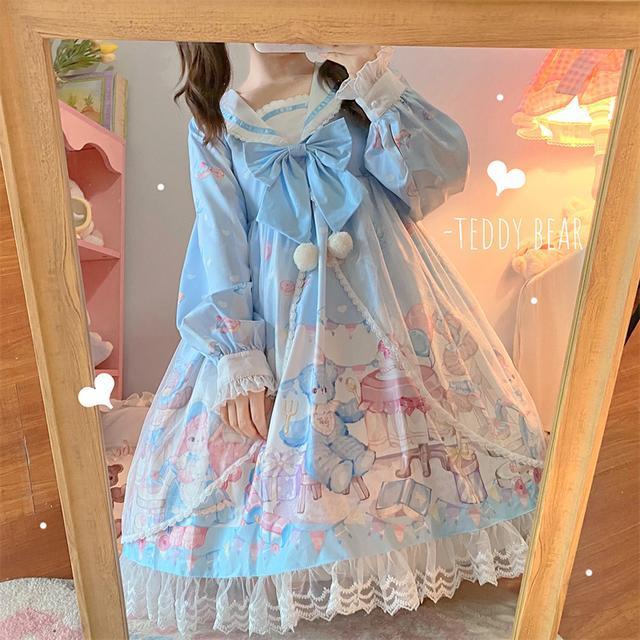 Korean mushroom cool {spot} original design Lolita raging party dress navy collar long-sleeved OP dress autumn