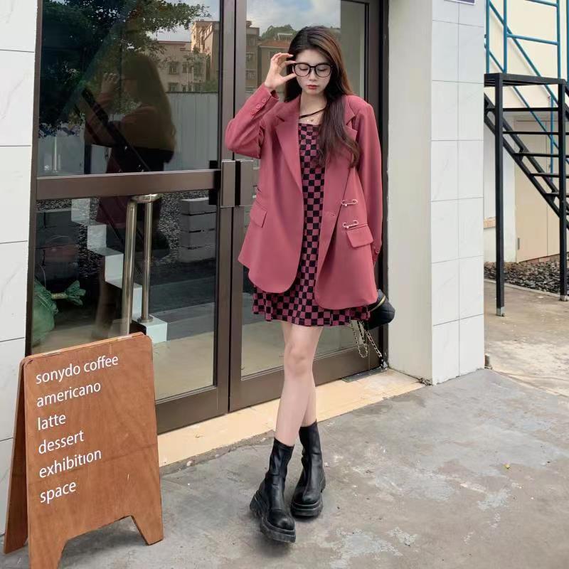 2022 suit two-piece suit autumn women's large size women's clothing fat sister mm slim hot girl checkerboard suspender skirt skirt