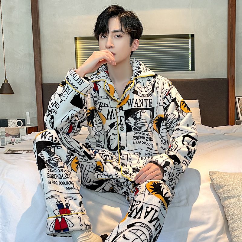 Coral fleece men's pajamas winter thickened plus velvet flannel can be worn outside autumn and winter warm home clothing suit winter