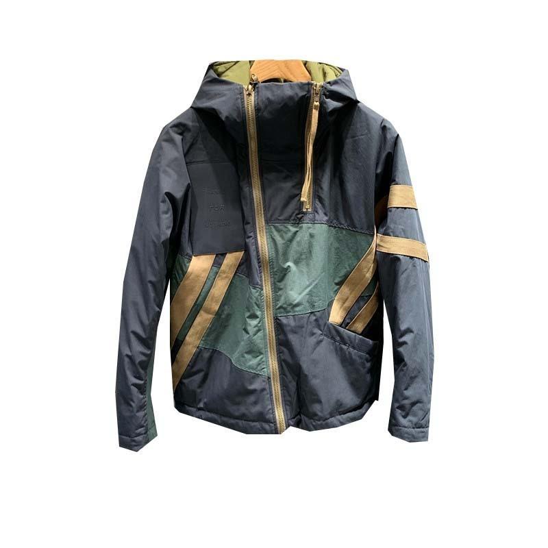 European and American winter trendy brand splicing contrast color men's hooded Japanese retro oblique zipper advanced cold-resistant fashion jacket