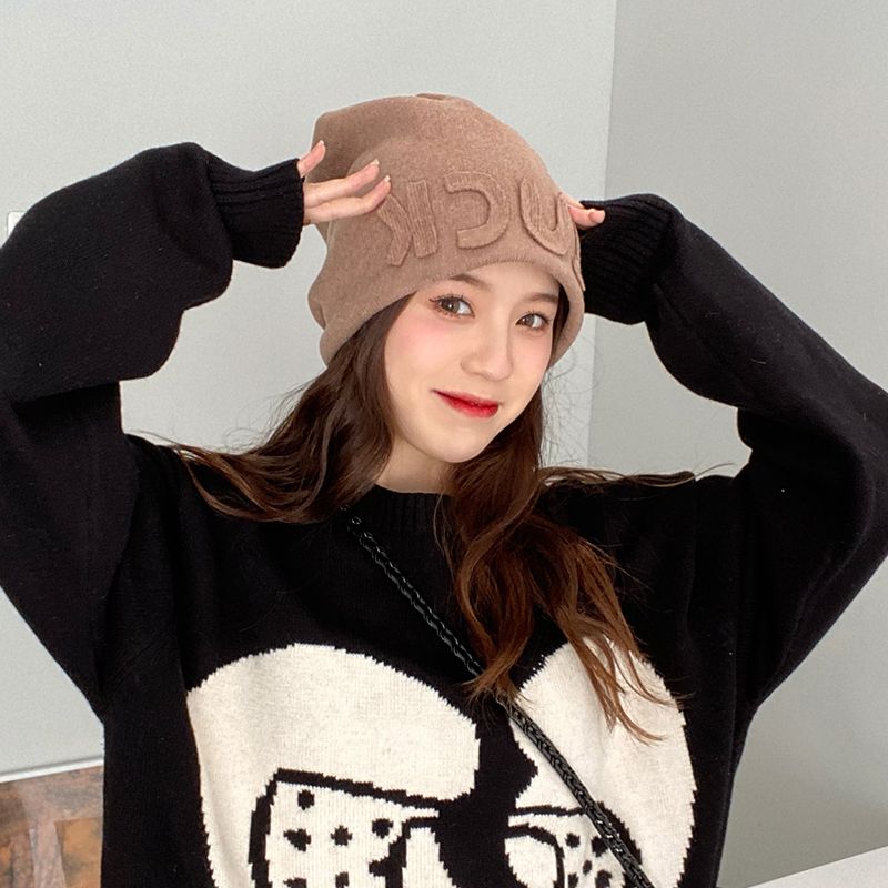 Heap hat women's letter Baotou knitted hat thickened warm windproof ear protection Korean version cold hat woolen hat thin section