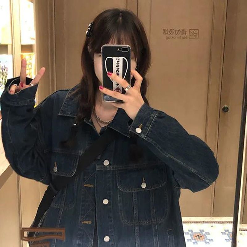  new retro dark blue denim jacket women's spring and autumn trendy ins Korean version loose design feeling niche