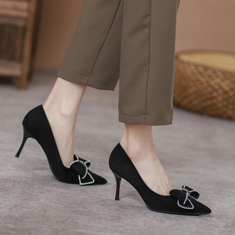 Leather stiletto high-heeled shoes women 2023 summer new Korean version bowknot pointy-toed single shoes black soft-soled work shoes