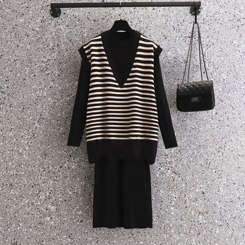 Plus size women's autumn suit female 2022 new Korean style fat sister Hong Kong style striped vest dress two-piece set
