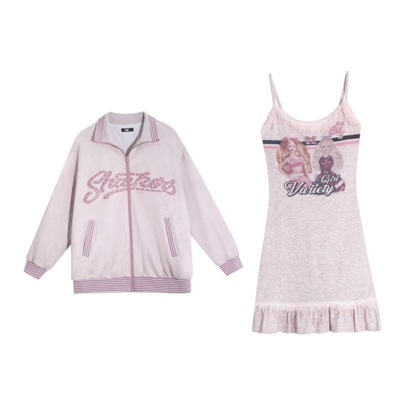 American Girls Baseball Uniform Jacket + Super Fairy Sweet Spice Girl Lavender Barbie Sling Dress Two-piece Female Early Autumn