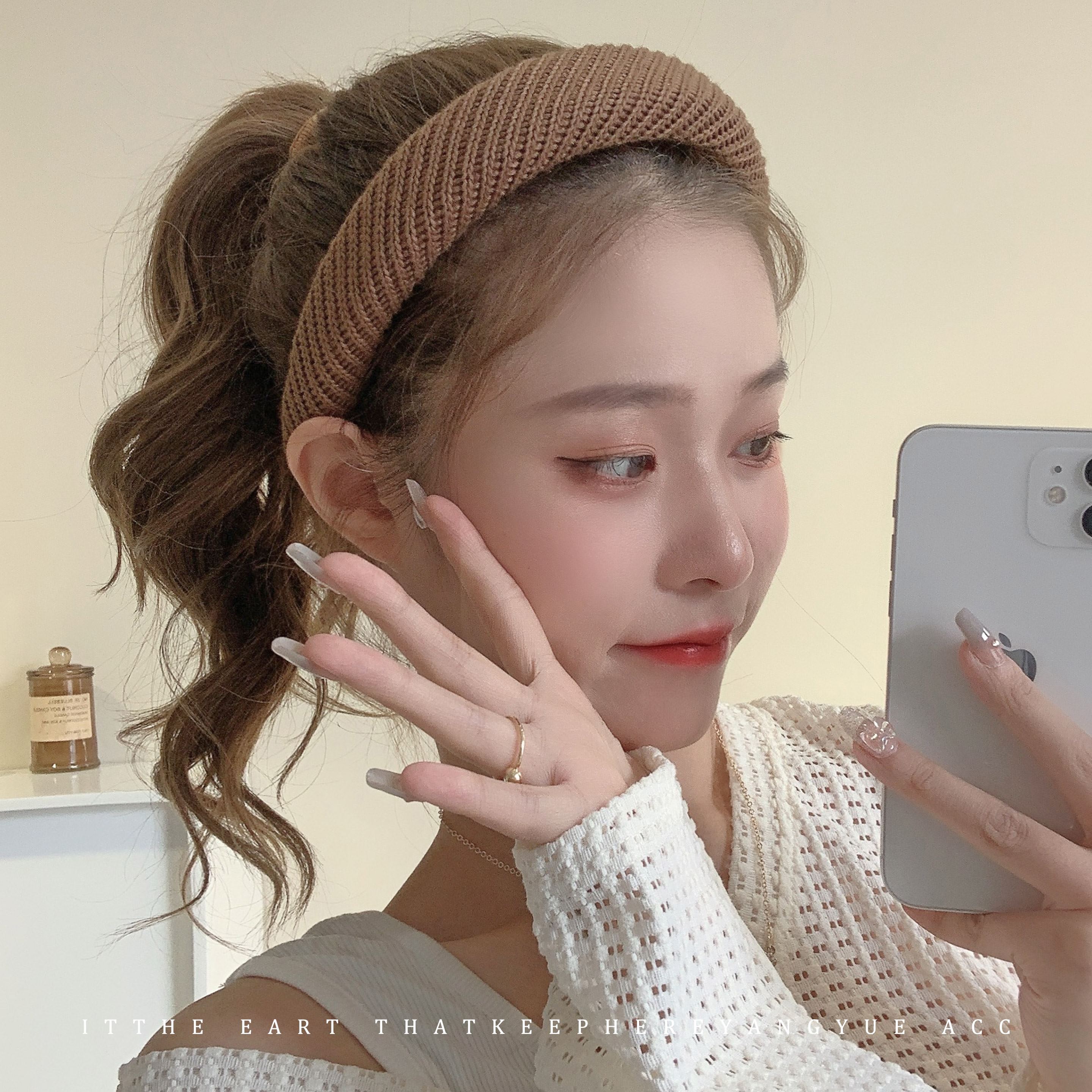 Milk coffee color wool knitted headband  net red new high-head headband autumn and winter wash face pressure hair hair bundle female
