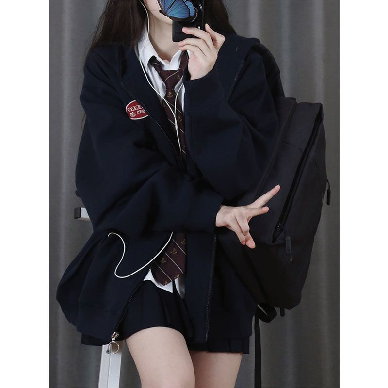 Vintage sweatshirt women's velvet thickened cardigan oversize loose drape student autumn coat