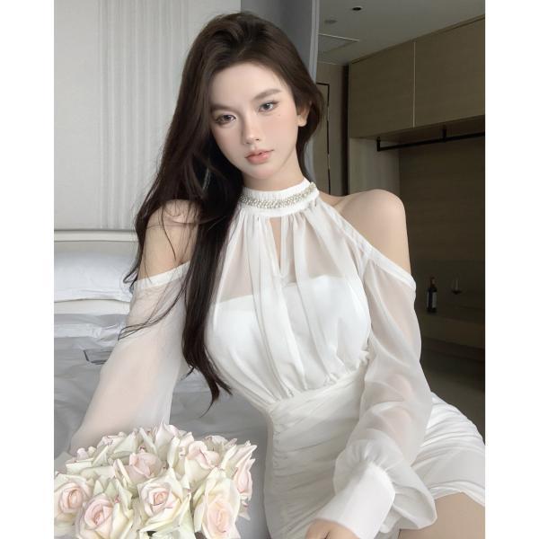 氣質名媛長袖連衣裙女早秋新款軟妹甜美小眾白色露肩雪紡收腰裙子