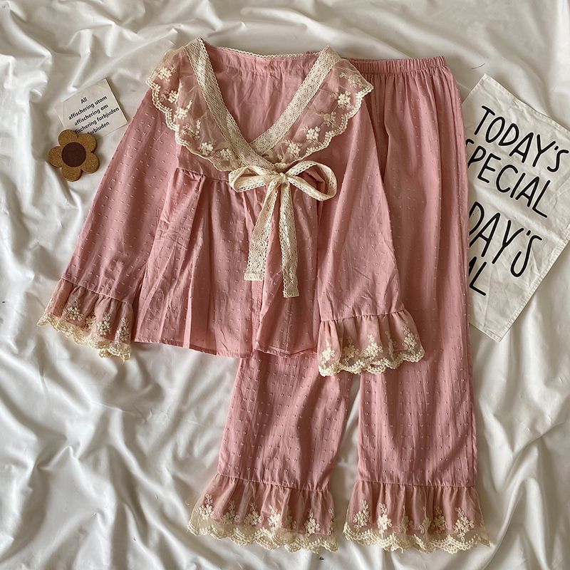 Pajamas women's spring, autumn and winter 2022 new long-sleeved Japanese-style kimono suit summer court style lace home service