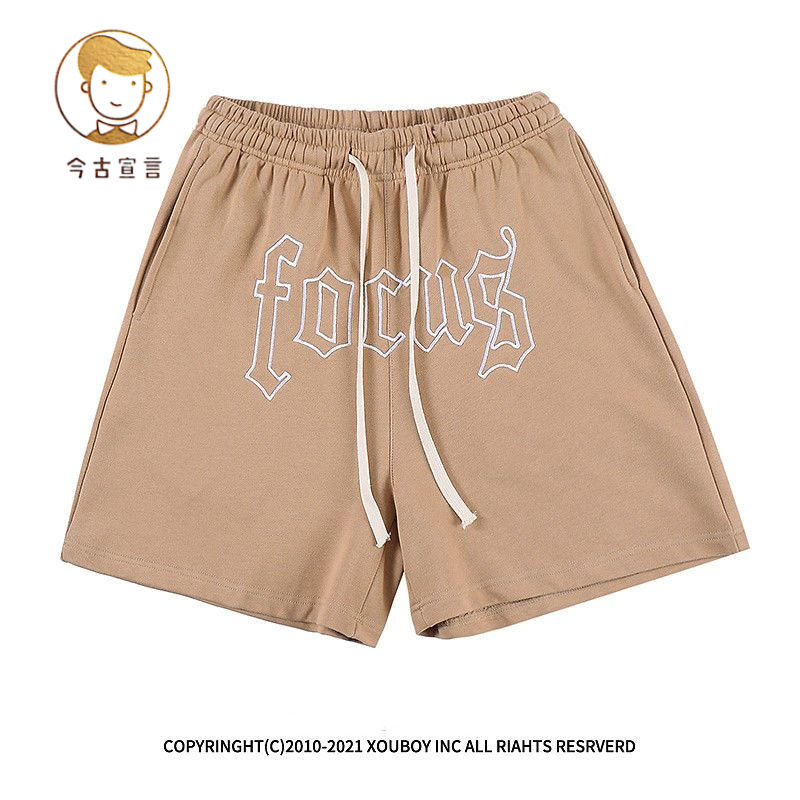 美式高街字母刺繡嘻哈短褲男潮牌寬鬆hiphop青少年oversize五分褲