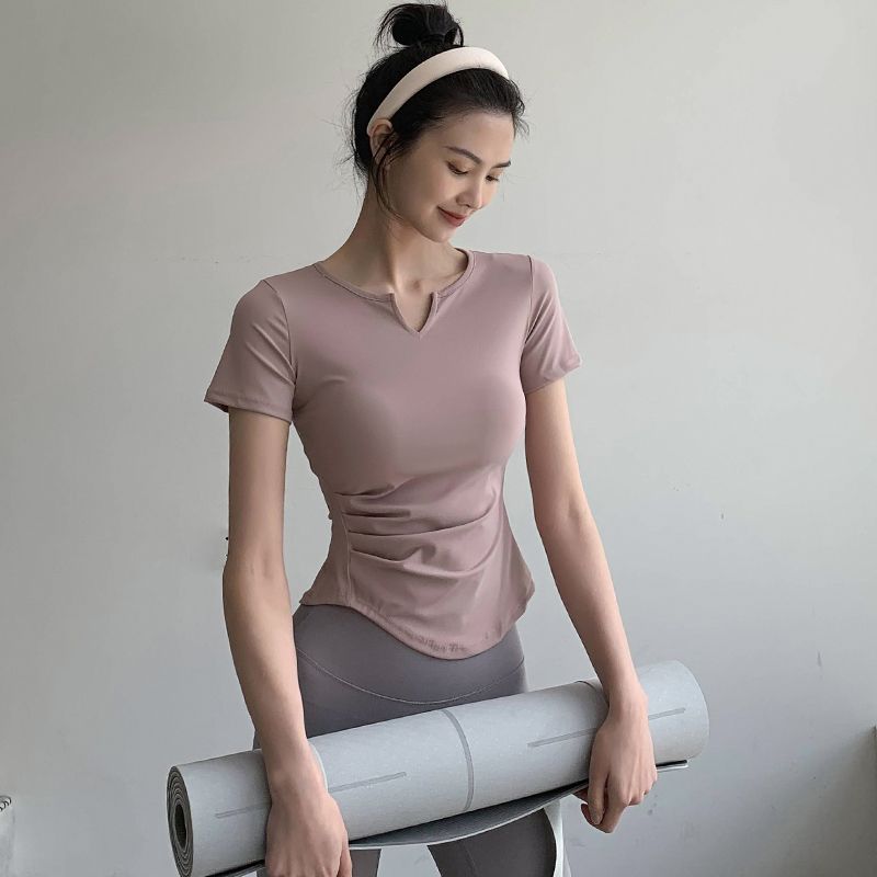 帶胸墊瑜伽服上衣女夏季運動t恤健身房速干修身性感跑步彈力短袖