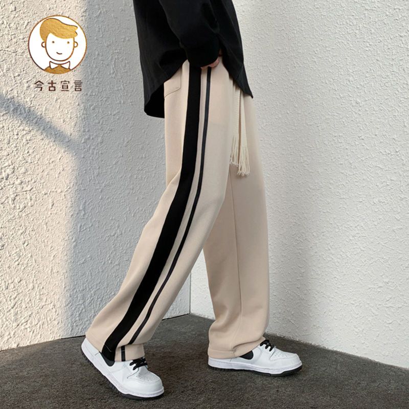 Trousers men's autumn splicing trendy brand loose straight sports pants trendy wide-leg sweatpants tooling mopping casual trousers