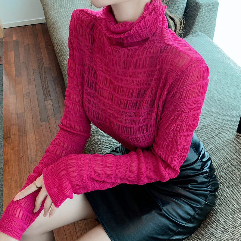 堆堆領高領打底衫女秋冬內搭歐貨新款修身洋氣小衫網紗上衣潮
