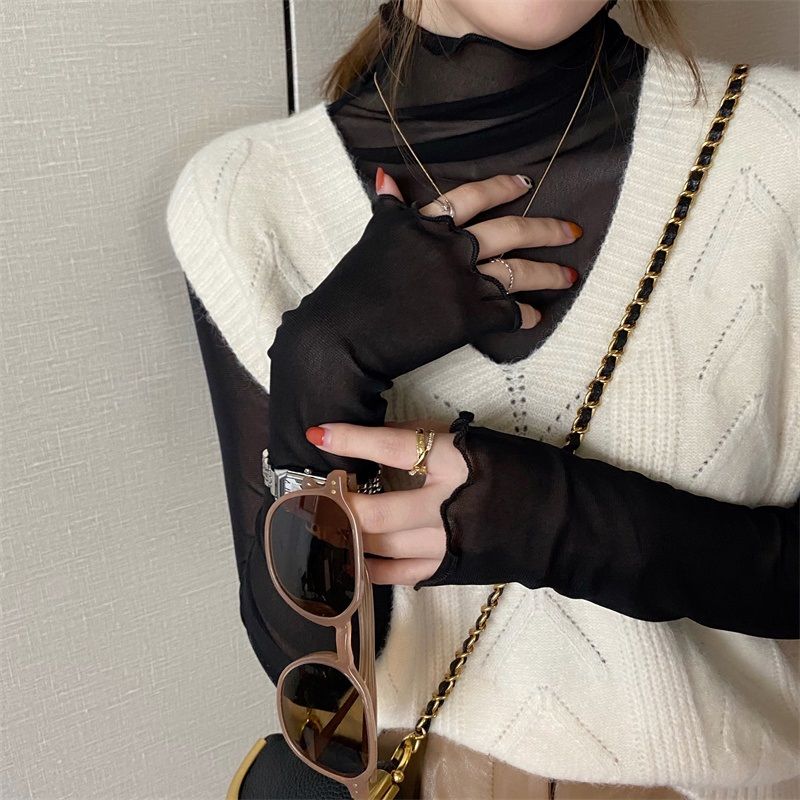 Lace bottoming shirt women's spring and autumn 2022 new high-neck fungus edge mesh top with western style shirt