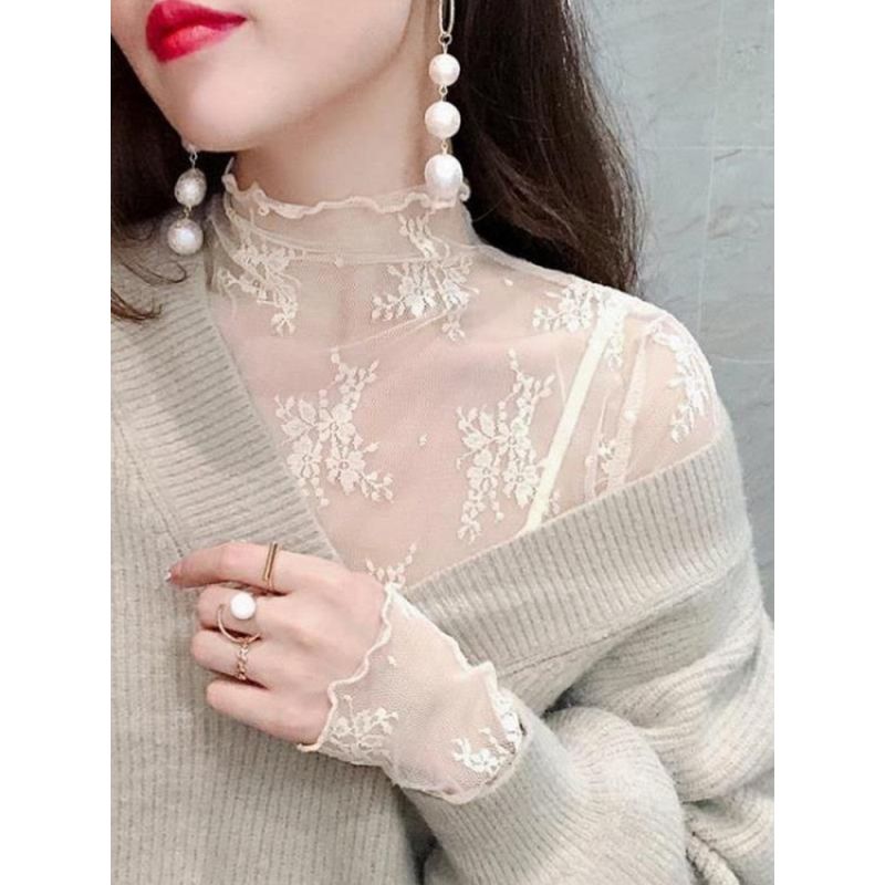 Half turtleneck mesh bottoming shirt for women, gauze and stylish shirt 2022 new early autumn with see-through lace top