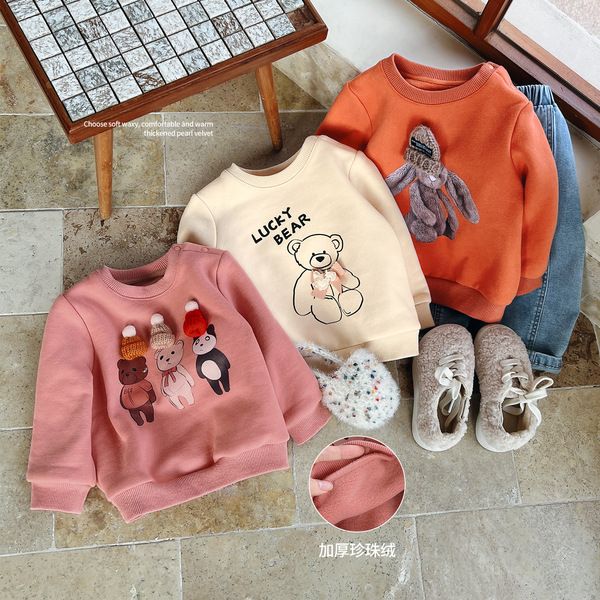 Baby girl three-dimensional decorative sweatshirt, western style plus velvet thickening  autumn and winter new long-sleeved one-piece velvet top to keep warm