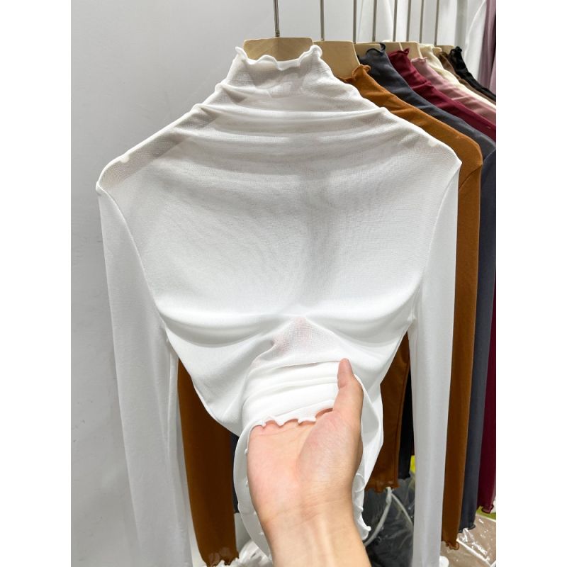 Lace bottoming shirt with 2022 new autumn style small shirt for women, high-end, foreign-style, leaky, fungus-edged high-neck mesh top