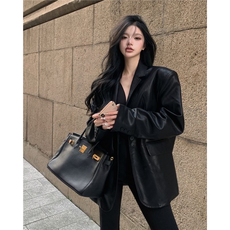 黑色機車皮衣西裝外套女秋季2022新款炸街氣質寬鬆高級感開衫夾克