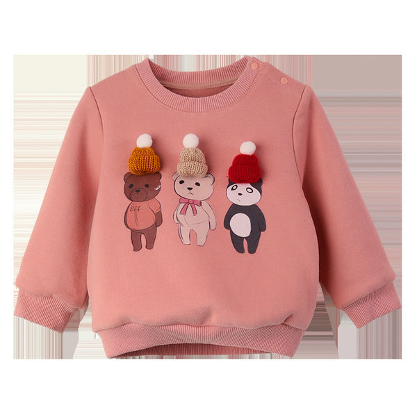 Baby girl three-dimensional decorative sweatshirt, western style plus velvet thickening  autumn and winter new long-sleeved one-piece velvet top to keep warm