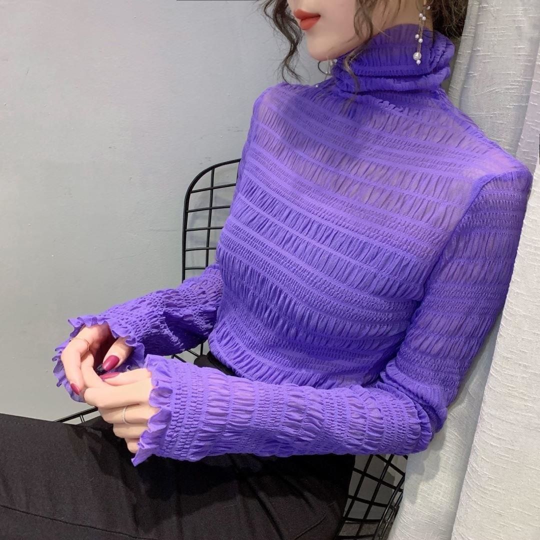 蕾絲打底衫女2022秋冬季新款堆堆領洋氣內搭長袖網紗內搭小衫上衣