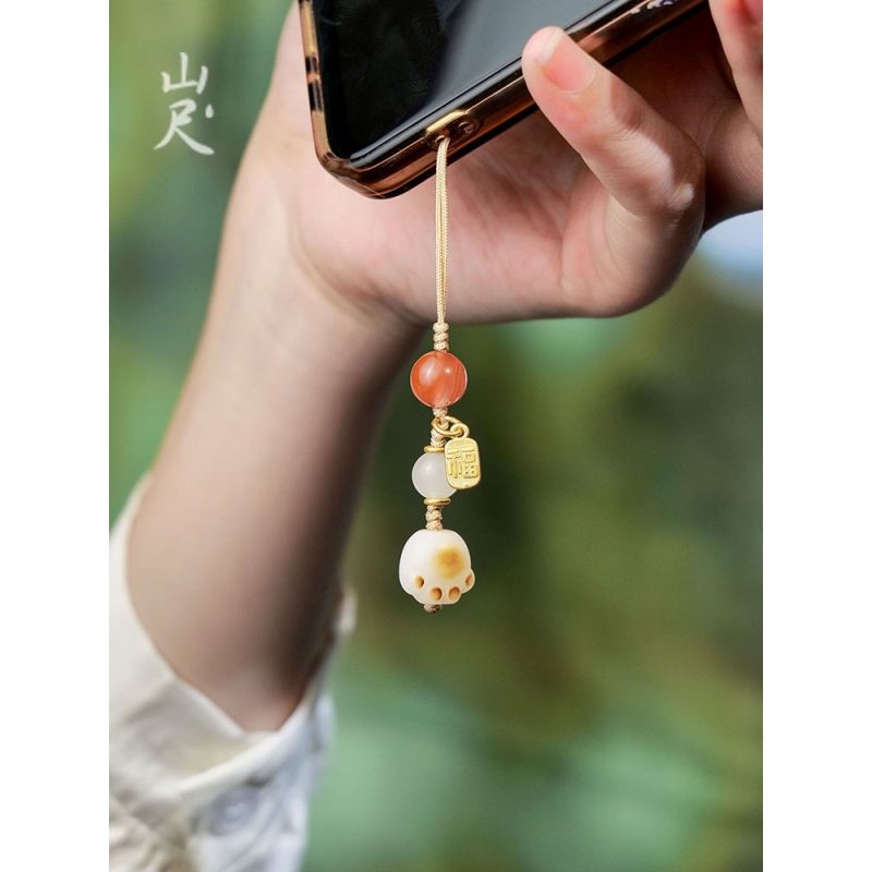 山尺|小貓爪炭燒白玉菩提手機掛件女南紅瑪瑙鑰匙扣玉石包包掛飾