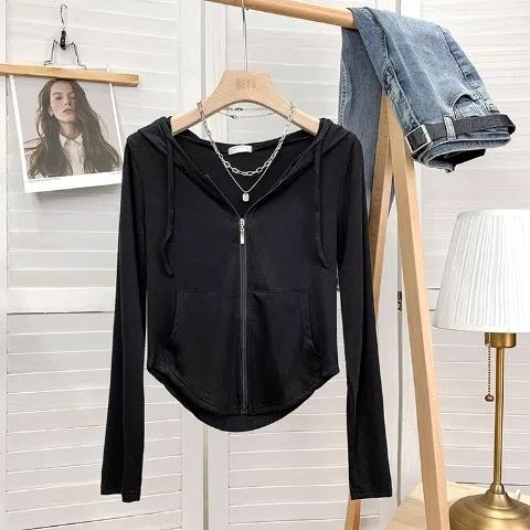 Duolaimei improved breasts, big waist and thin waist, pure desire to look thin, hot girl long-sleeved hooded zipper cardigan sun protection top