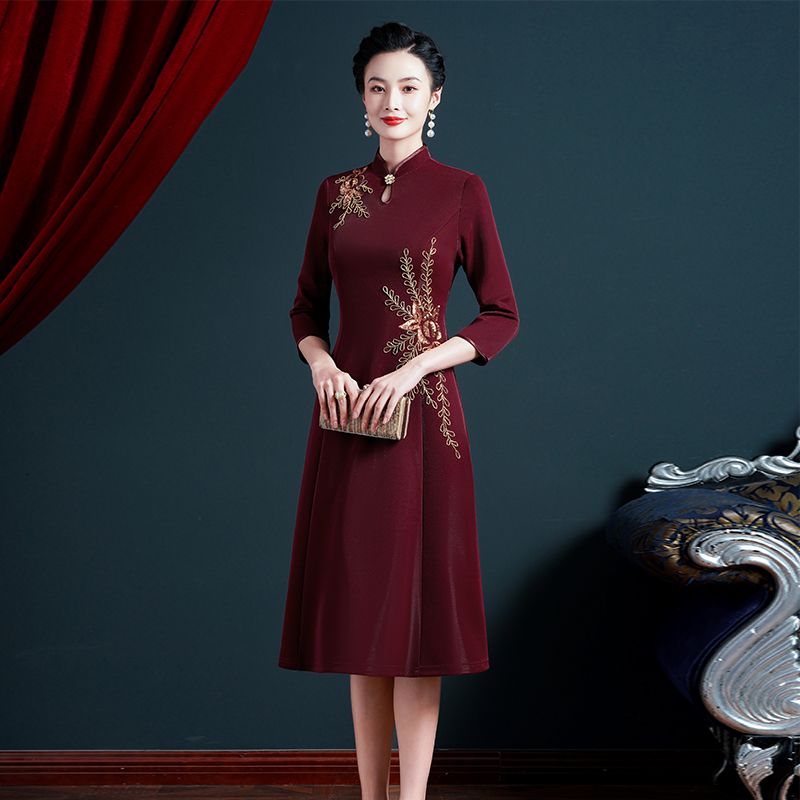 媽媽婚宴禮服高貴2022年秋裝新款大碼喜婆婆改良旗袍復古連衣裙女