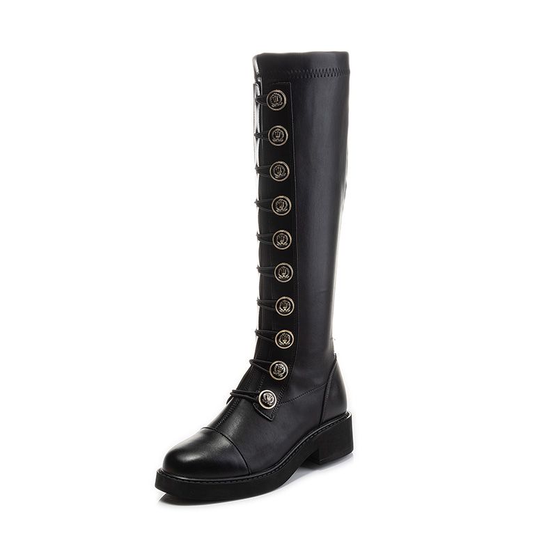 Fleece mid-height boots with a design that doesn't look like knee-high boots  winter new hot style slim knight boots flat bottom