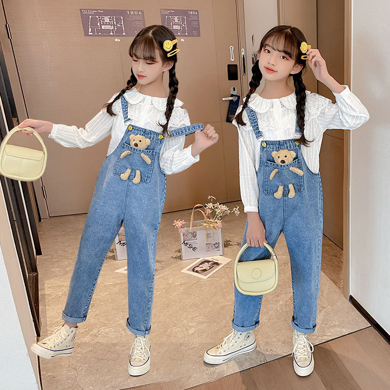 女童背帶褲春秋2023新款洋氣女孩春季褲子學生秋季春裝兒童牛仔褲