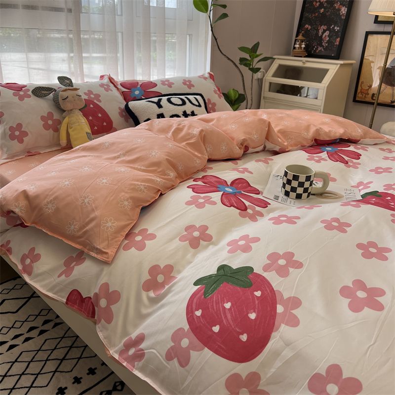 ins红色草莓花卉床上四件套水洗棉文艺1.5被套床单三件套少女心
