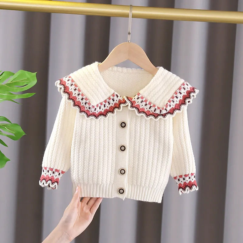Girls large lapel knitted cardigan autumn and winter new foreign style children's clothing children's sweater children's doll collar top